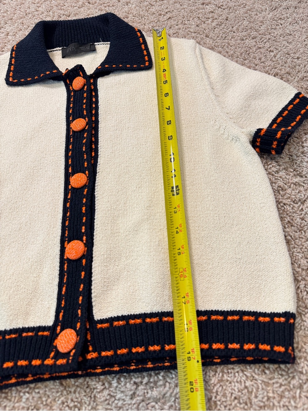 Zara Cream Short-Sleeve Knit Cardigan Top Black & Orange Trim Size M - Picture 8 of 8